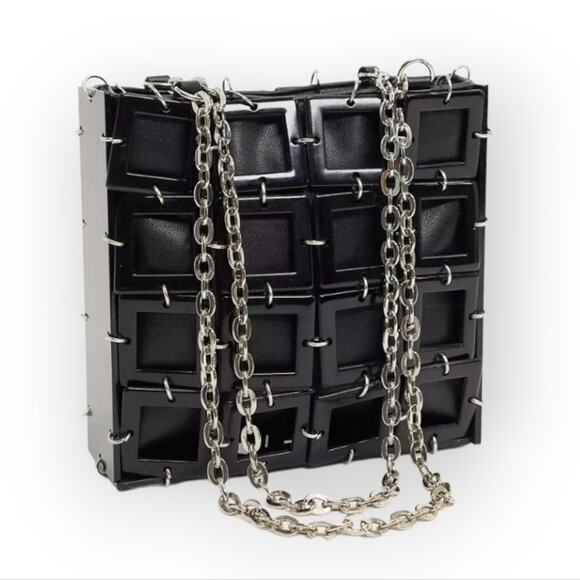 Gothic Gorpcore Black Chain Shoulder Bag Geometric Grunge Cube Halloween - Picture 1 of 16